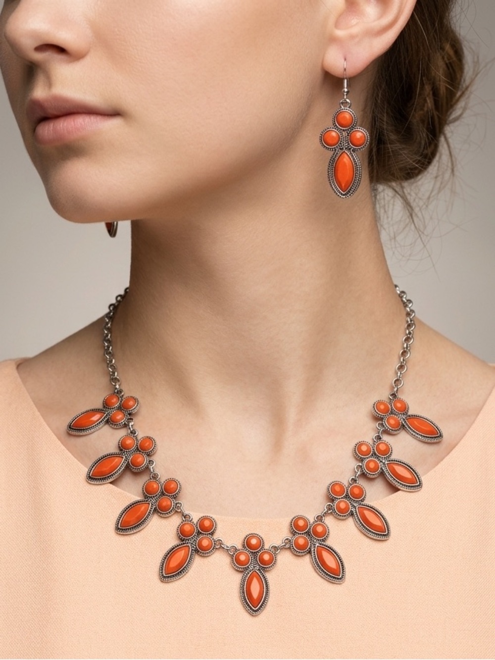 Orange Stone Bib Statement Necklace & Earrings Set | Orange Cabochon Silver Boho